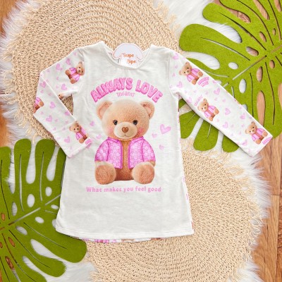 Conj. Colete Puffer Corações  e Vestido Ursinha Always Love - Rosa e Areia